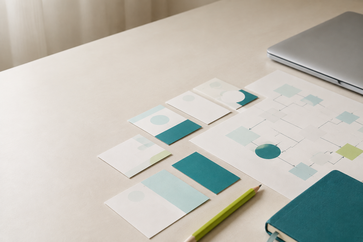 A practical AI discovery workshop mapped with paper cards and connected steps